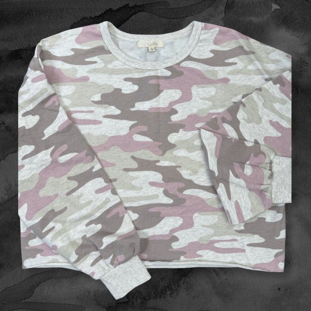Z Supply Pink Beige Camo Cropped Lightweight Sweatshirt Girls’ Size Large 12-14